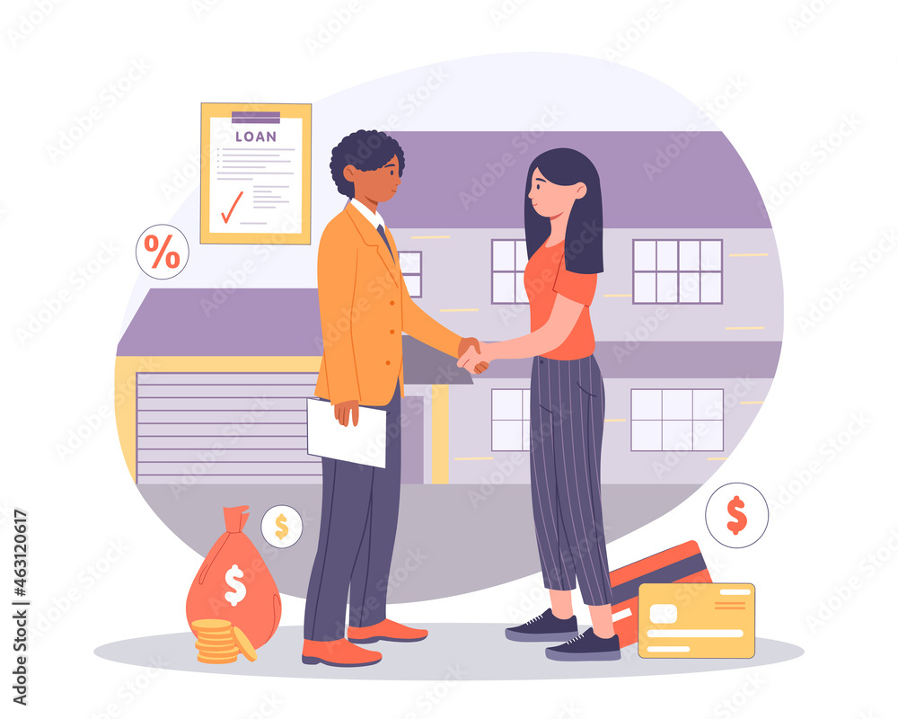 Obraz premium Buying House on Credit concept. Woman shakes hands with lawyer to sign deal. Contract of sale. Mortgage in bank. Initial payment. Cartoon flat vector illustration isolated on white background