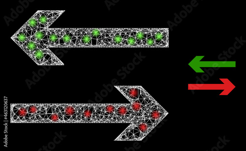 Glossy mesh vector exchange arrows with glare effect. White mesh, glare spots on a black background with exchange arrows icon. Mesh and glowing elements are placed on different layers.