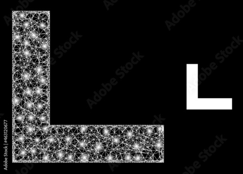 Glossy mesh vector corner with glare effect. White mesh, glare spots on a black background with corner icon. Mesh and glare elements are placed on different layers.