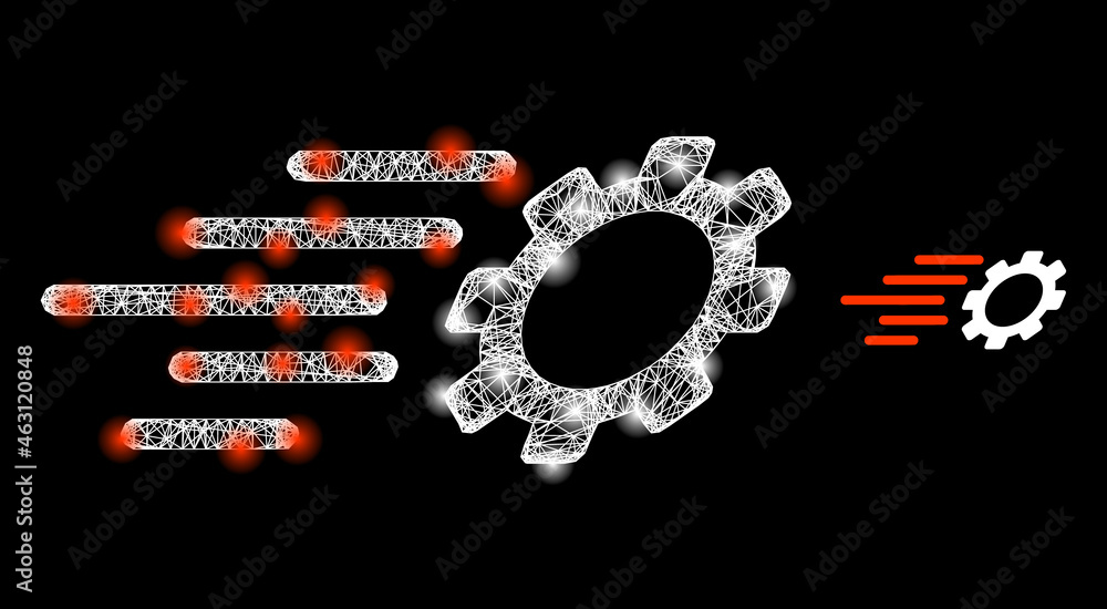 Bright mesh vector fast gear with glow effect. White mesh, bright spots on a black background with fast gear icon. Mesh and lightspot elements are placed on different layers. Bright mesh vector fast gear with glow effect. White mesh, bright spots on a black background with fast gear icon. Mesh and lightspot elements are placed on different layers.