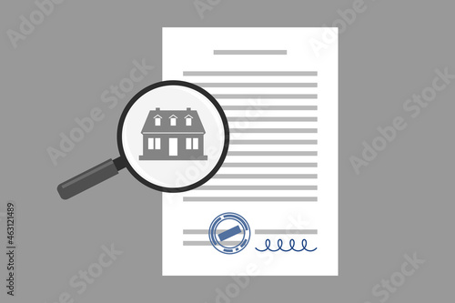 Document with signature and stamp and magnifier with house icon