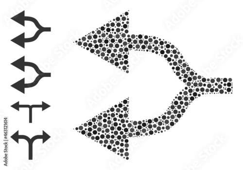 Round dot collage split arrows left. Vector collage is based on split arrows left icon, and composed of scattered spheric spots. Vector icon of split arrows left composed with scattered round dots.