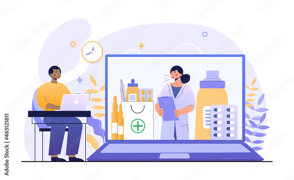 Online consultation with doctor. Man sitting home and communicating with therapist via video link. Medic on laptop screen prescribes treatment. Cartoon flat vector illustration on white background Online consultation with doctor. Man sitting home and communicating with therapist via video link. Medic on laptop screen prescribes treatment. Cartoon flat vector illustration on white background