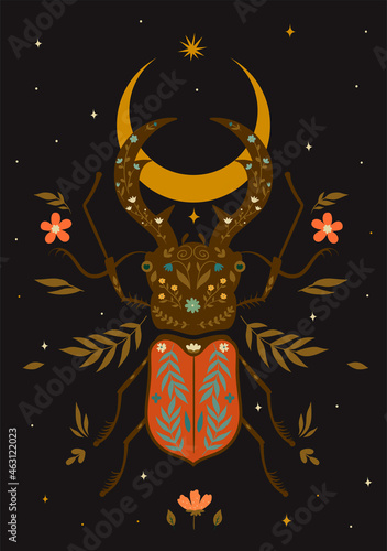 Postcard with a beetle in boho style. Vector graphics.