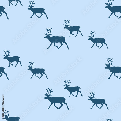 New Year and Christmas seamless pattern with running reindeer. Vector background in cold blue tones