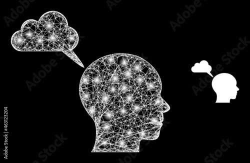 Bright mesh vector user mental cloud with glare effect. White mesh, bright spots on a black background with user mental cloud icon. Mesh and glare elements are placed on different layers.