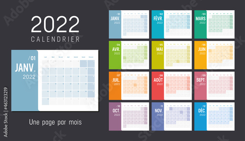 Calendrier Agenda 2022 couleur. Une page par mois.