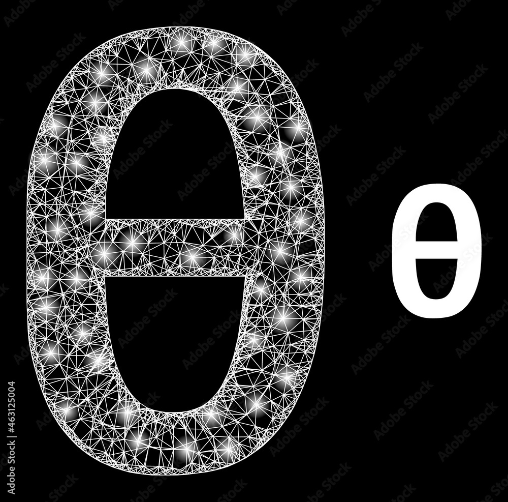 Bright mesh vector Theta Greek lowercase symbol with glare effect