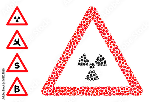 Rounded dot composition radioactivity warning. Vector mosaic is based on radioactivity warning icon, and designed of scattered spheric elements.