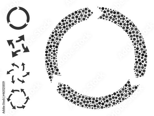 Round dot mosaic rotation. Vector mosaic is based on rotation icon, and organized from scattered spheric items. Vector icon of rotation formed of irregular spheric pixels.