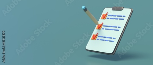 Checklist and clipboard. Task list and pencil on green background. 3d illustration