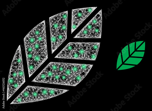 Glossy mesh vector herbal leaf with glare effect. White mesh, bright spots on a black background with herbal leaf icon. Mesh and glare elements are placed on different layers.