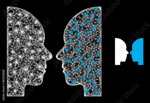 Bright mesh vector dual faces with glow effect. White mesh, glare spots on a black background with dual faces icon. Mesh and glare elements are placed on different layers.