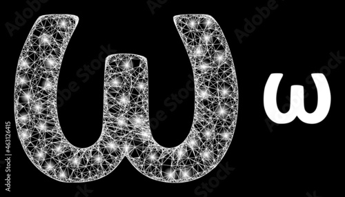 Magic mesh vector Omega Greek lowercase symbol with glare effect. White mesh, bright spots on a black background with Omega Greek lowercase symbol icon.