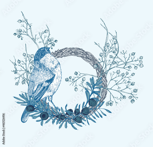 Hand-drawn sketch winter floristic wreath with bird, yew tree berries, branches, leaves in engraving style. Vintage door decor Wedding graphic frame Hello, fall. Thanksgiving retro Vector
