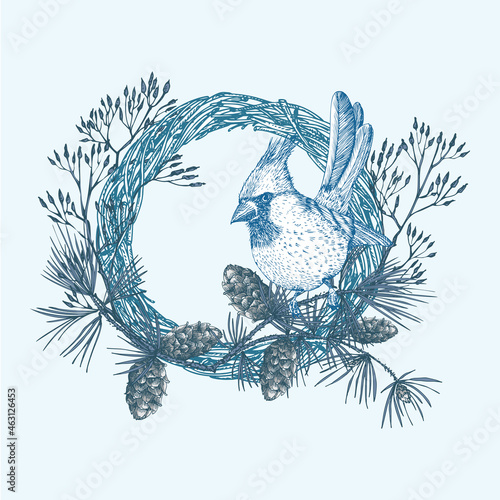 Hand-drawn sketch winter floristic wreath with bird, yew tree berries, branches, leaves in engraving style. Vintage door decor Wedding graphic frame Hello, fall. Thanksgiving retro Vector