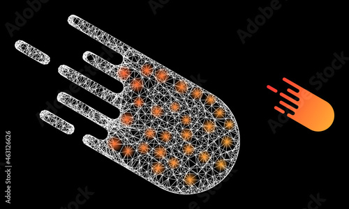 Glamour mesh vector bolide with glare effect. White mesh, glare spots on a black background with bolide icon. Mesh and glare elements are placed on different layers.