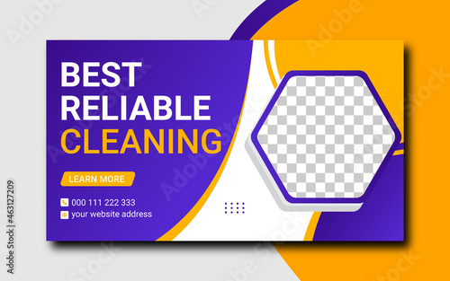 Cleaning service company video thumbnail and web banner design template. Home, office, hospital, 
restaurant, garden cleaning video thumbnail design