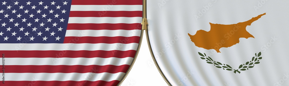 United States and Cyprus political cooperation or conflict, flags and closing or opening zipper, conceptual 3D rendering