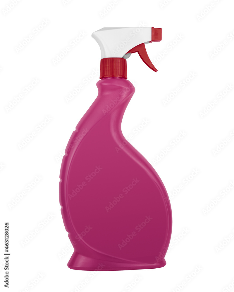Pink detergent spray bottle isolated on white background. Chemical household supplies mock up. Unbranded cleaning products plastic container. Pink detergent spray bottle isolated on white background. Chemical household supplies mock up. Unbranded cleaning products plastic container.