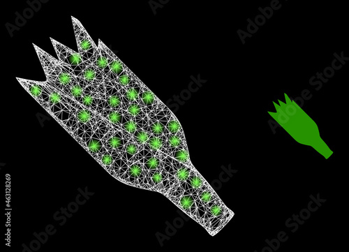 Magic mesh vector crashed beer bottle with glare effect. White mesh, flash spots on a black background with crashed beer bottle icon. Mesh and glare elements are placed on different layers.