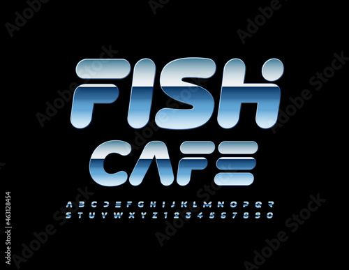 Vector silver Sign Fish Cafe. Original Modern Font. Creative Alphabet Letters and Numbers set