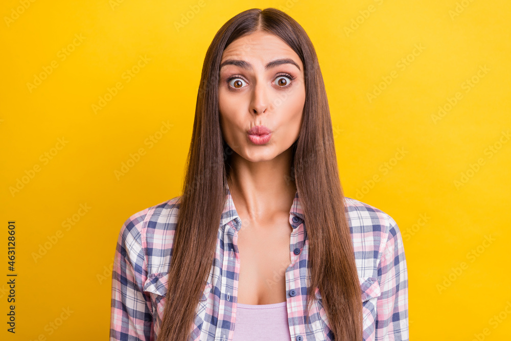 Photo of young attractive woman pouted lips send air kiss lovely isolated over yellow color background - obrazy, fototapety, plakaty 