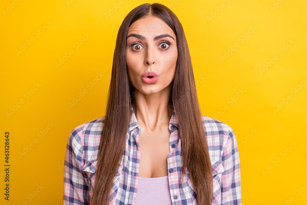 Photo of young woman amazed shocked omg wow fake novelty news isolated over yellow color background - obrazy, fototapety, plakaty 