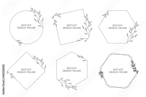 Set geometric flower wreath with leaves and branches. Botany round frame isolated on white background. For wedding invitations, postcards, posters, labels of cosmetics and perfumes. 