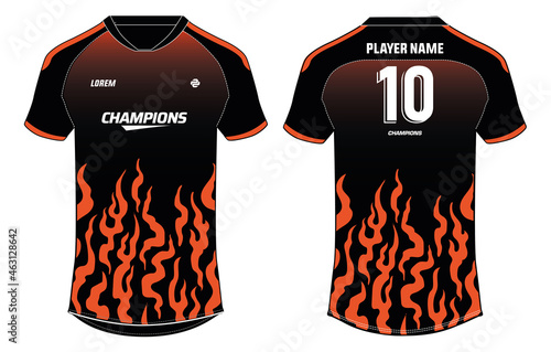 Sport jersey t shirt design concept vector template, abstract fire print V neck raglan sleeve Football jersey concept with front and back view for Soccer, Cricket, Volleyball, Rugby, badminton uniform