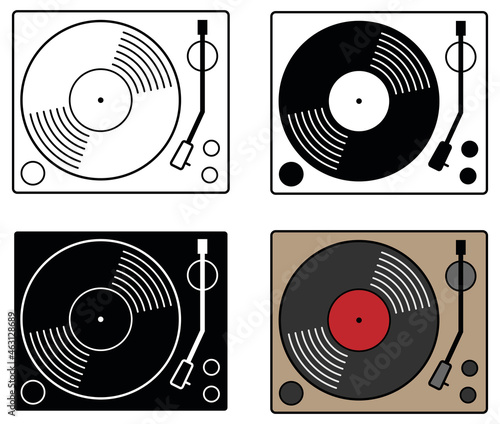 2D Record Player Clipart Set - Outline, Silhouette and Colored