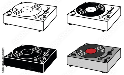 Record Player in Perspective Clipart Set - Outline, Silhouette and Colored