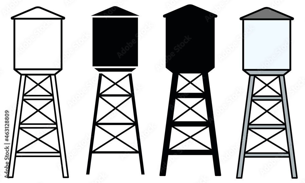 Water Tower Clipart Set - Outline, Silhouette and Color Stock Vector