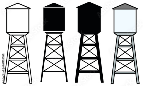 Water Tower Clipart Set - Outline, Silhouette and Color