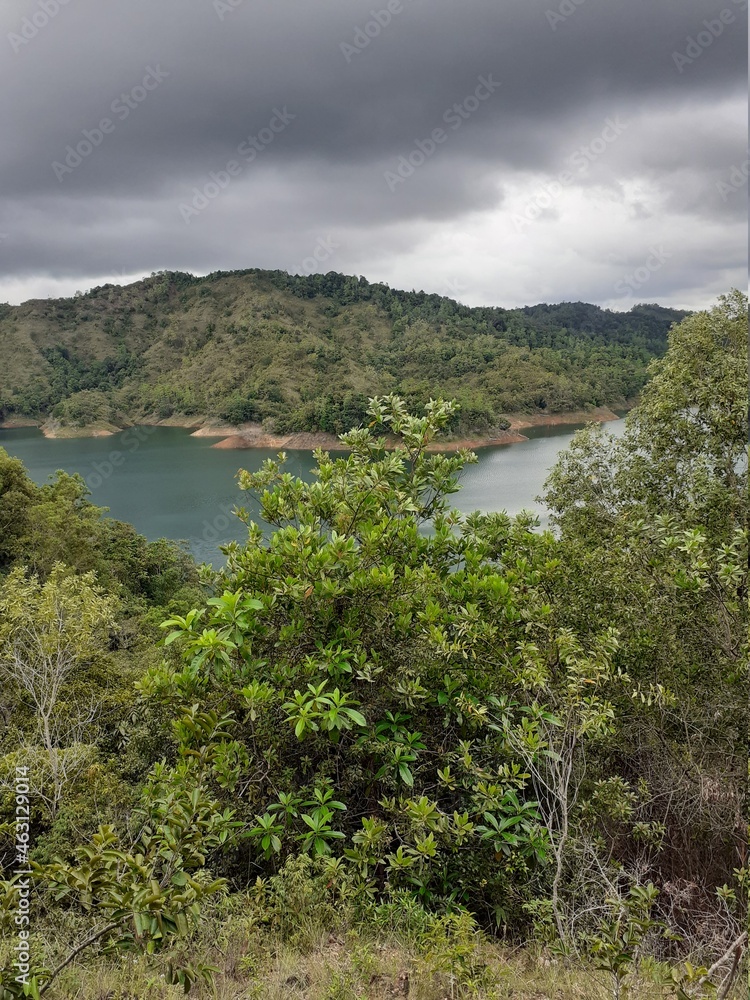 Fototapeta premium lake in the mountains, trees, river, sky