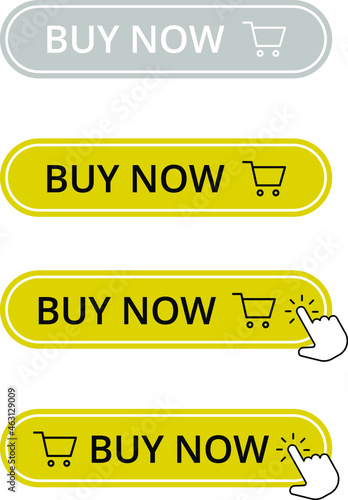 Buy now button with hand cursor. Button hand pointer clicking. Click here banner with shadow. Click button isolated. Shop now. Online shopping.