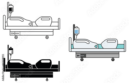 Hospital Bed with IV in 2D Clipart Set - Outline, Silhouette and Color