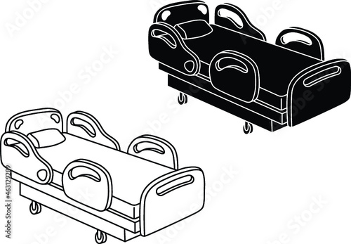 Hospital Bed in Perspective Clipart Set - Outline and Silhouette