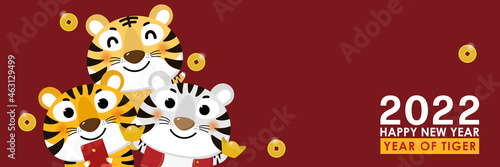 Happy Chinese new year greeting card 2022 with cute tiger in red costume with wealth gold money. Animal holidays cartoon character. 
