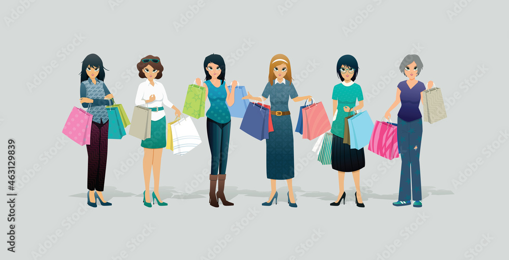 Obraz premium Woman holding shopping bags on gray background.