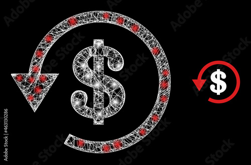 Bright mesh vector dollar refund with glare effect. White mesh, bright spots on a black background with dollar refund icon. Mesh and glare elements are placed on different layers.