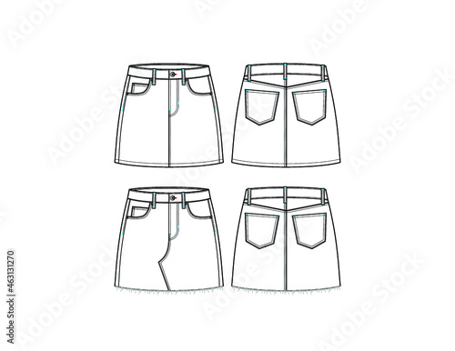 Denim skirt technical flat sketch vector fashion CAD