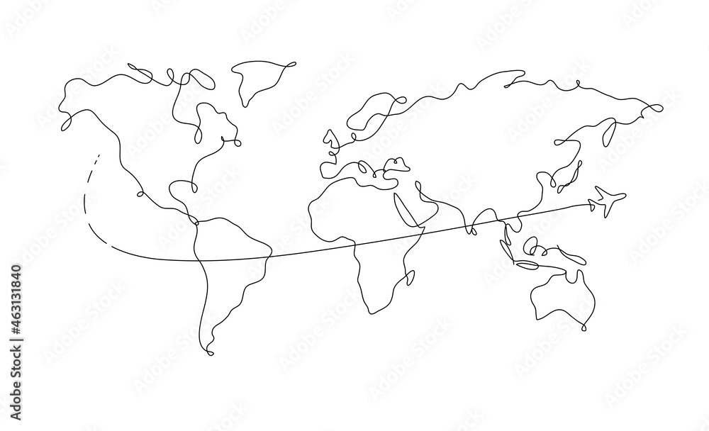 World map pen line plane travel drawing on white background