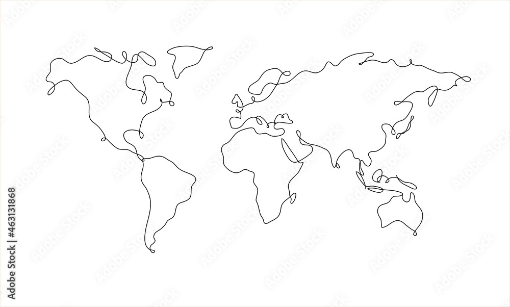 World map in pen line style drawing on white background