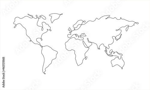 World map in pen line style drawing on white background