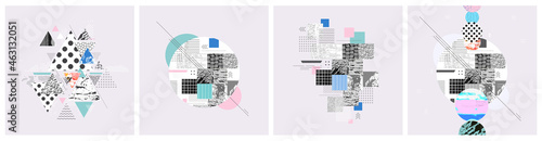 Different textures and shapes artistic vector illustration collage. Geometric abstract design, creative background for banner, brochure, card, invitation, flyer, placard, poster, report, artwork