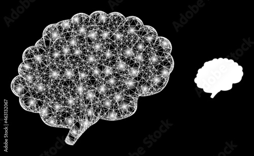 Glossy mesh vector brain organ with glare effect. White mesh, glare spots on a black background with brain organ icon. Mesh and lightspot elements are placed on different layers.