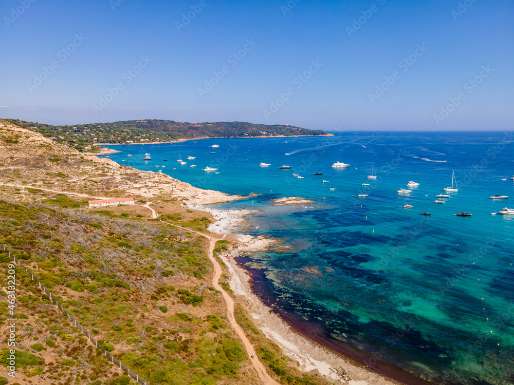 Aerial view of l'Escalet seafront in Ramatuelle (French Riviera, South of France)
