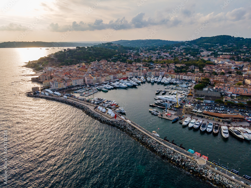 Aerial view of Saint-Tropez harbor in French Riviera (South of France)