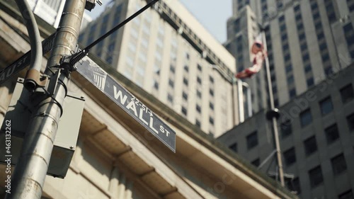 Wall Street sign with American flags in the background, shot in the heart of the business world in Manhattan. Business, finance, worldwide stock trade and economics concept.